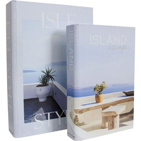 2pc LVD Wooden Canvas Book Box Medium Set 29x20x5.5cm /24x16x4cm Isle Escape