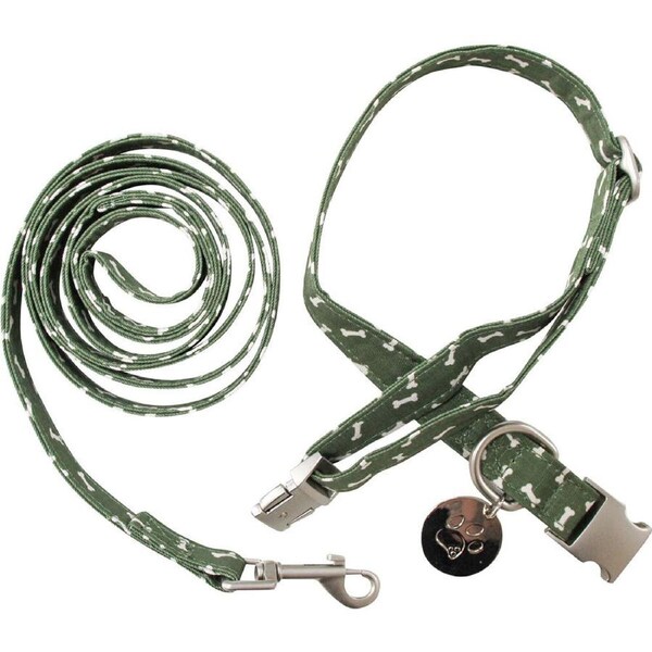 LVD Metal Dog Collar & Lead Leash Set Large 42-68cm Green Bone Print