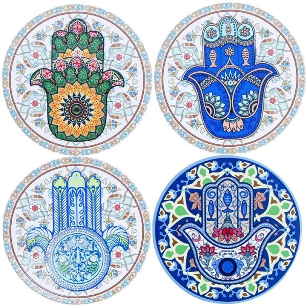 4pc LVD Ceramic Coffee Table Decorative Coasters Set 10.5x0.5x10.5cm Hamsa Hands
