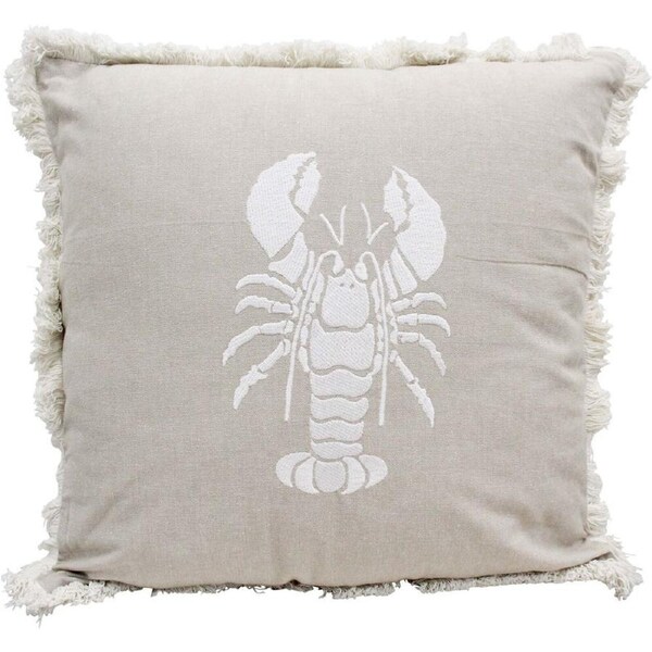 LVD Stone Washed Chambray Cotton Fringing Embroidered Cushion 46x46cm Lobster