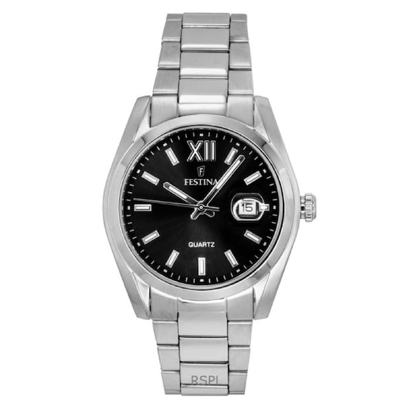 Festina Classic Quartz F20707-6 Mens Watch Stainless Steel Black Dial 50M Date Display Luminous Hands