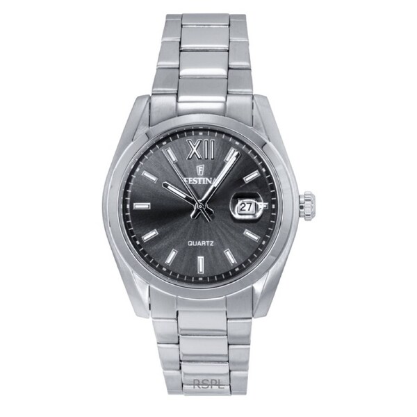 Festina Classic Quartz F20707-3 Mens Watch Stainless Steel Grey Dial 50M Date Display Luminous Hands