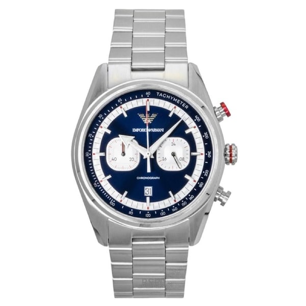 Emporio Armani Racer Chronograph Tachymeter Quartz AR11676 Mens Watch Stainless Steel Blue Dial Date Display 50M