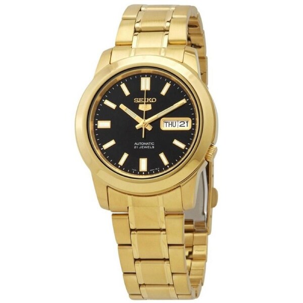 Seiko 5 21 Jewels Automatic SNKK22K1 Mens Watch Gold Tone Stainless Steel Black Dial Day/Date Display 30M