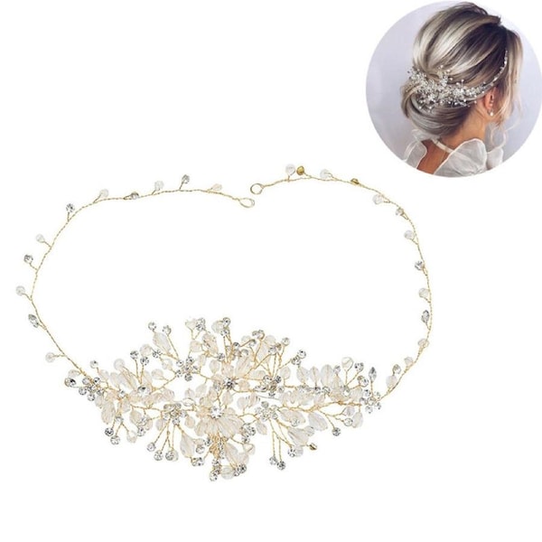 Nevenka Flower Hair Vine Wedding Crystal Leaf Headbands for Women-Gold
