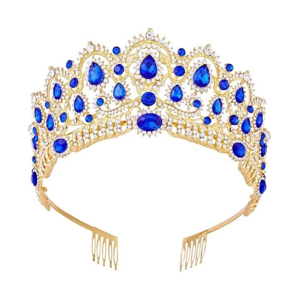 Nevenka Baroque Queen Crown with Combs for Birthday Wedding Pageant-Blue