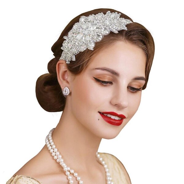 Nevenka Rhinestone Flapper Headband Elastic 1920s Headpiece for Women-White
