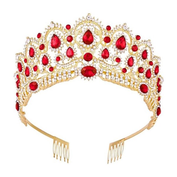 Nevenka Baroque Queen Crown with Combs for Birthday Wedding Pageant-Red