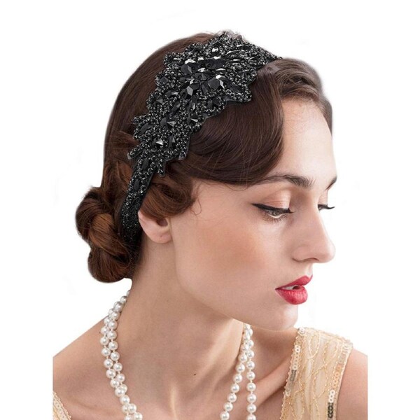 Nevenka Rhinestone Flapper Headband Elastic 1920s Headpiece for Women-Black