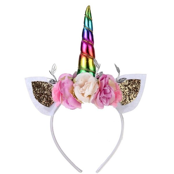 Nevenka Unicorn Headband with Shimmering Horn & Flowers Kids Party Supplies-Colorful
