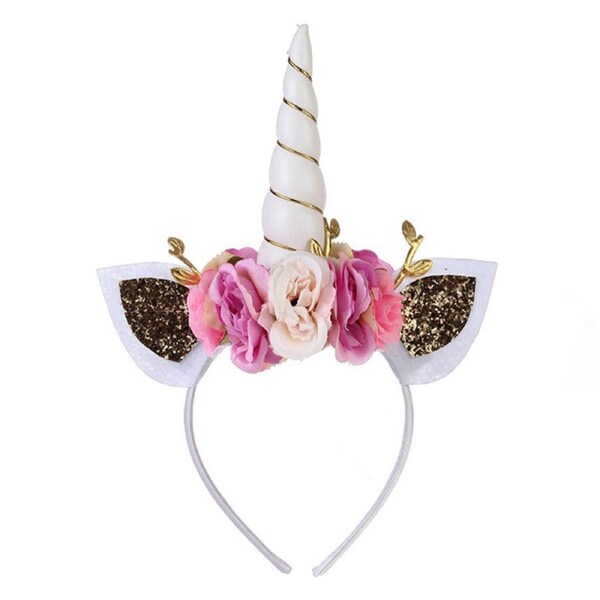 Nevenka Unicorn Headband with Shimmering Horn & Flowers Kids Party Supplies-White