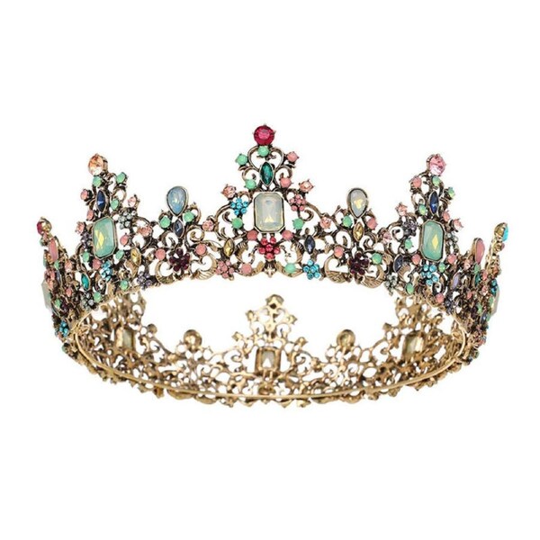 Nevenka Baroque Queen Crown with Colorful Rhinestone for Wedding Party-Retro Gold