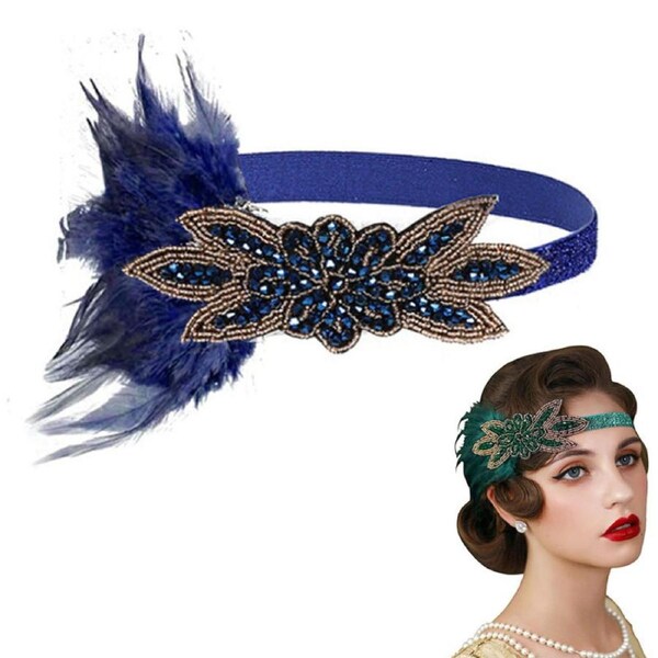 Nevenka 1920s Vintage Flapper Feather Crystal Headpiece for Prom Party-Navy Blue