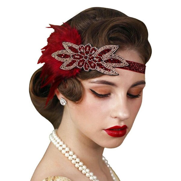 Nevenka 1920s Vintage Flapper Feather Crystal Headpiece for Prom Party-Red