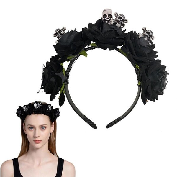Nevenka Rose Skull Headband Gothic Wreath Headpiece for Halloween Party-Black