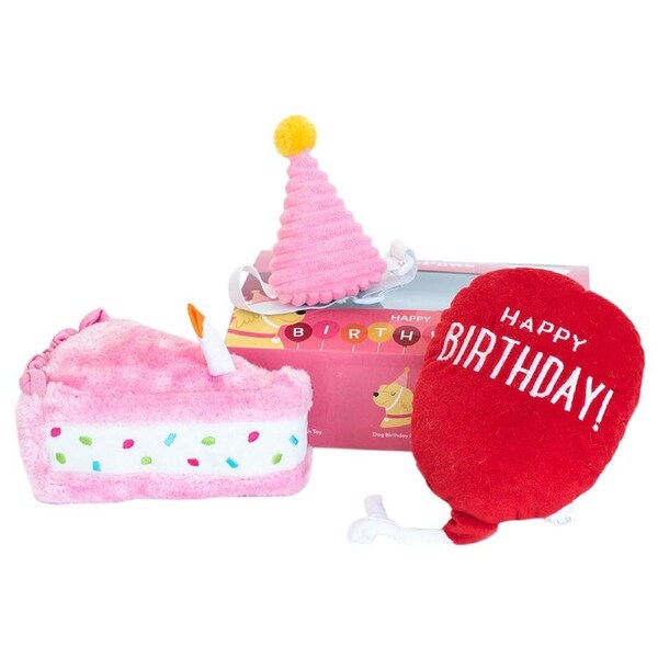 Birthday Box Plush Squeaker Dog Toys (Pink)