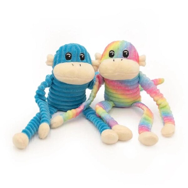 Spencer The Crinkle Monkey Dog Toys (Rainbow & Blue), 2 Pack - Small