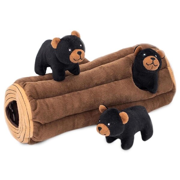 Zippy Burrow Interactive Squeaker Dog Toy (Black Bear Log + 3 Bears)