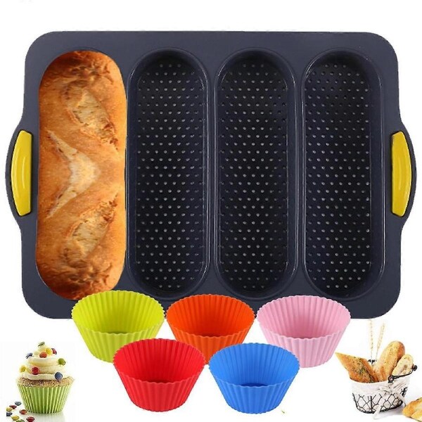 Silicone Loaf Pan Baking Pan for Baking French Baguettes/Hot Dog Buns, bread mold for baking with 6 Muffin Cups,Nonstick &Easy Clean&Heat Resistant Si