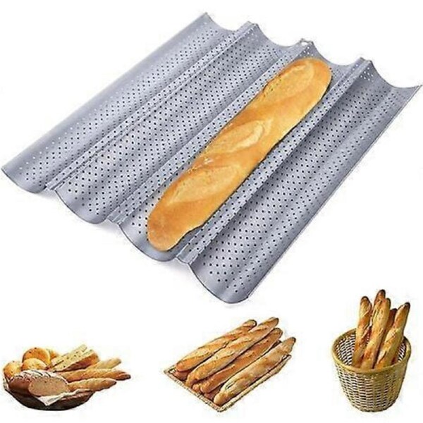 Nonstick Perforated Baguette Pan for French Bread Baking 4 Wave Loaves Loaf Bake Mold Oven Toaster Pan (Silver)
