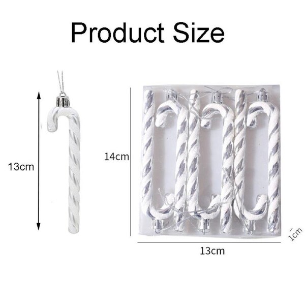 Catzon 6 Pcs Sparkling Candy Cane Christmas Ornaments with Golden Ropes-Silver