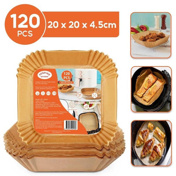 AUSPURE Air Fryer Liners – 120PCS Square (20x20x4.5cm), Non-Stick Parchment Paper, Oil-Resistant & Waterproof