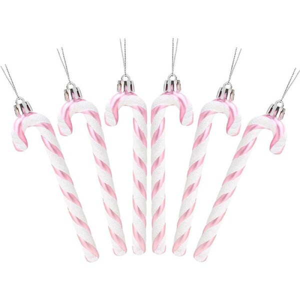 Catzon 6 Pcs Sparkling Candy Cane Christmas Ornaments with Golden Ropes-Pink