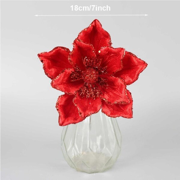 Catzon 6 Pcs Sparkling Poinsettia Flowers Artificial Floral Picks for DIY Crafts-Red
