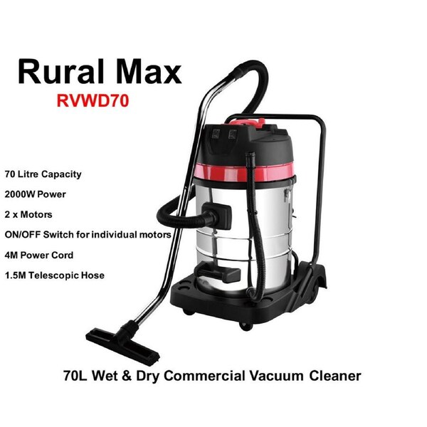 Rural Max Industrial 70L Twin Motor Wet & Dry Commercial Vacuum Cleaner RVWD70