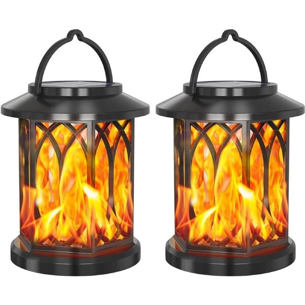 Waterproof Solar Outdoor Hanging Lanterns, 2-Pack, for Yard Patio LawnTable Garden Deco (Flame lamp)