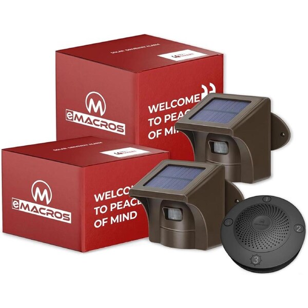 eMACROS Long Range Solar Wireless Driveway Alarm Outdoor Weather Resistant Motion Sensor & Detector-Security Alert System-Monitor & Protect Outside Property (1 Sensor 2 Receiver)
