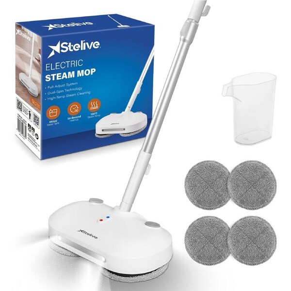 Stelive Steam & Scrub Automatic Electric Steam Mop, Hard Floor Cleaner & Steamer, Powerful Stain Remover, 4 Rotating Pads with Filling Cup, White