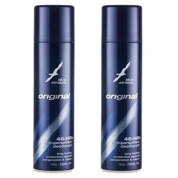 Blue Stratos Deodorant Body Spray 150g 2 Pack Long Lasting Anti Perspirant