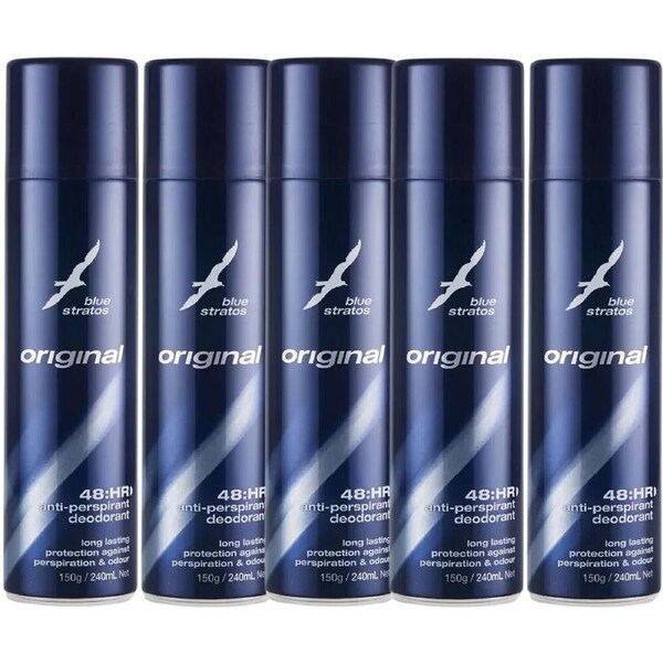 Blue Stratos Deodorant Body Spray 150g 5 Pack Long Lasting Anti Perspirant