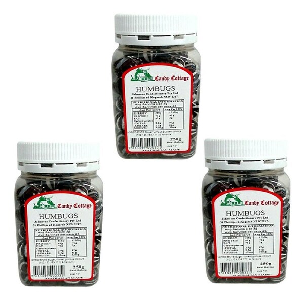 Candy Cottage Humbugs 3 x 250g Peppermint Lollies Set Made in Australia