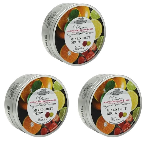Simpkins 3 x Sugar Free Mixed Fruit Drops 150g Tin Sweets Candy Lollies