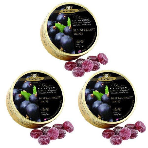 Simpkins 3 x Black Currant Drops 200g Tin Sweets Candy Lollies