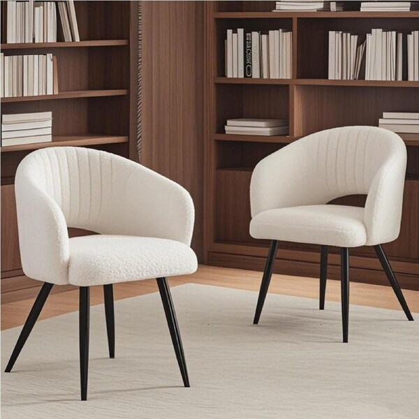 BRIBRION Upholstered Boucle Armchair White Dining Chair Set of 2 Armrest Black Metal Legs For Living Room Cafe Restaurant