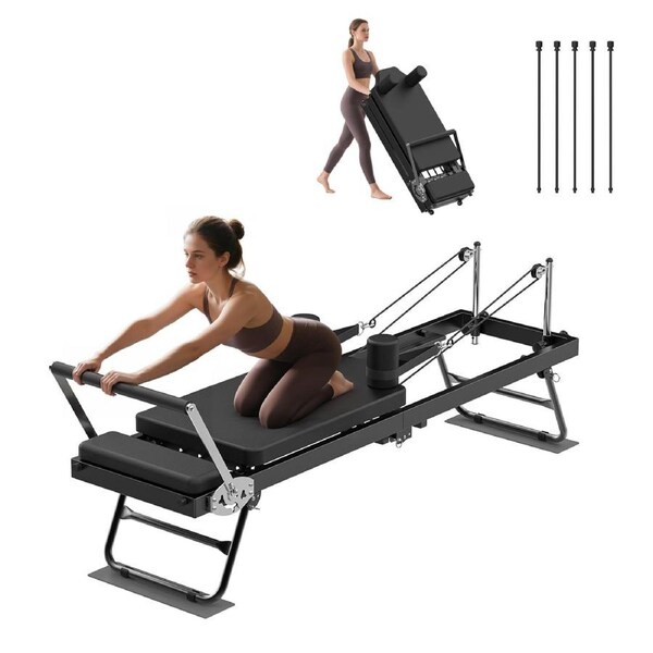 Advwin Pilates Reformer Machine Foldable Pilates Exercise Equipment for Home Gym with Wheels, 120kg Capacity Black