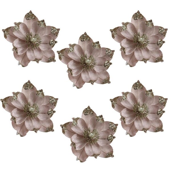 Catzon 6 Pcs Sparkling Poinsettia Artificial Flowers for Xmas Party Wedding Decor-Pink