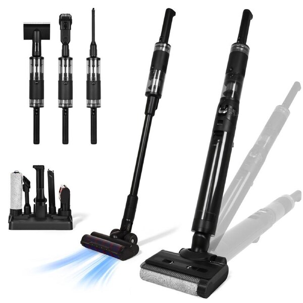 ADVWIN Wet Dry Vacuum Cleaner, 180 Degree Lie-Flat Cordless Smart Vacuum Mop with Hot-Air Drying, Self-Cleaning for Hard Floor Sticky Messes and Pet Hair, Lightweight Handheld Vacuum with 2 Batteries