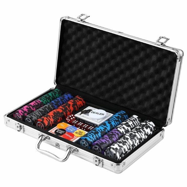 300Pcs Casino Poker Chips Texas Holdem Blackjack Playing Card Club Party Gambling Game Set Professional Dice Blinds Denomination Aluminium Travel Case