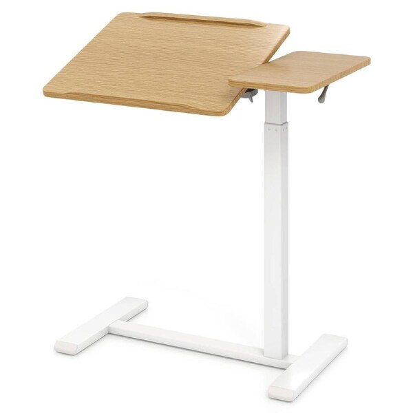 Giantex Mobile Over Bed Desk Height Adjustable Laptop Cart w/Tilting Tabletop C-Shaped End Table Natural
