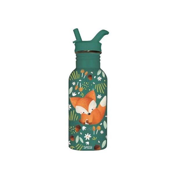 Sassi Stainless Steel Drink Bottle Tumbler 500ml Green Crunchy The Fox 12m+