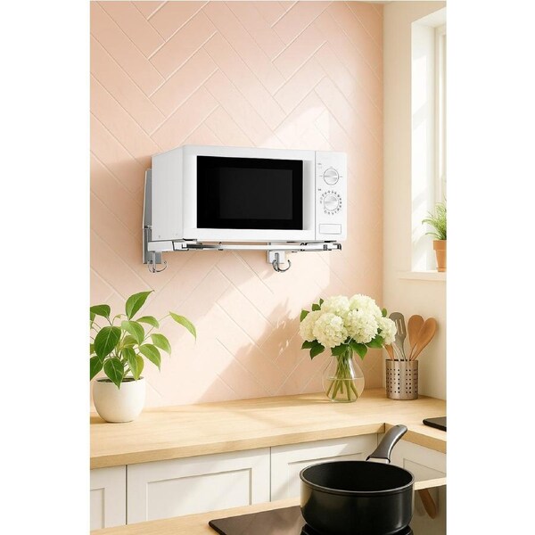 Stainless Steel Microwave Oven Wall Mount Bracket – Adjustable Shelf with Removable Hooks