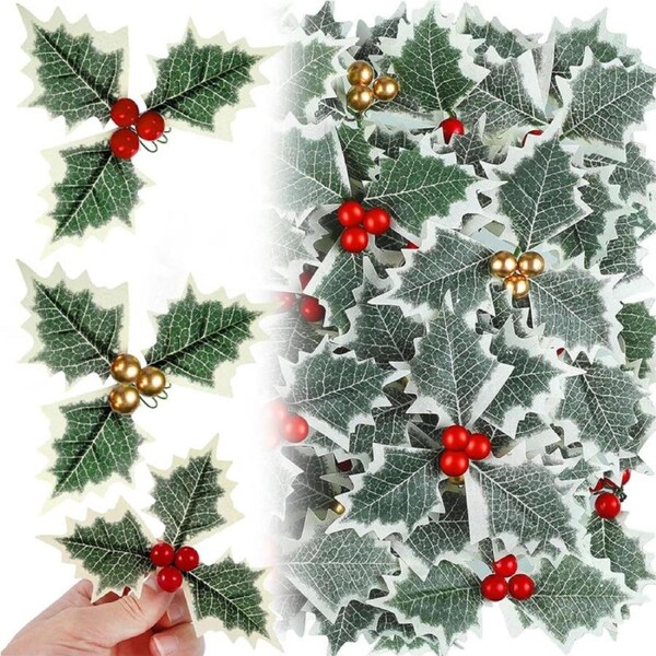 Catzon 20Pcs Artificial Holly Berries with Green Leaves for Xmas Tree Gift Box Party Decor