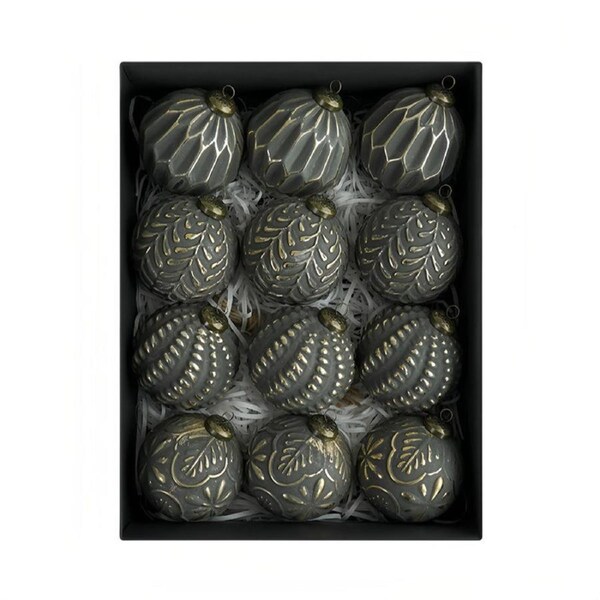 Catzon 12Pcs Vintage Christmas Ornaments Rustic Christmas Ball Tree Decorations-Grey