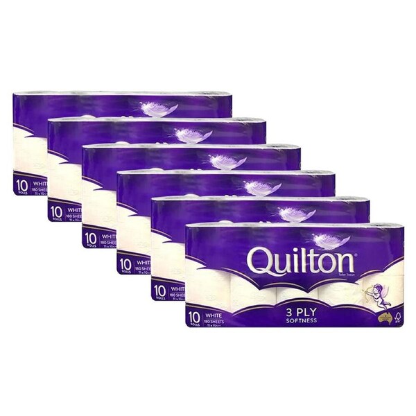 6x 10pc Quilton 180-Sheet Softness Tissue Roll 3-Ply White Toilet Paper
