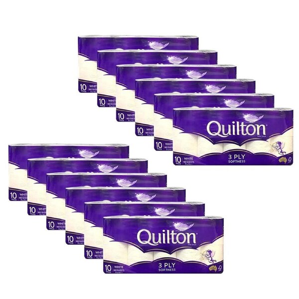 12x 10pc Quilton 180-Sheet Softness Tissue Roll 3-Ply White Toilet Paper