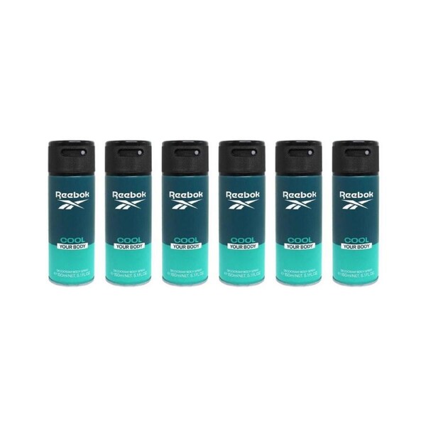 6PK Reebok Men' Grooming Vegan Sporty Deodorant Body Spray 150ml Cool Your